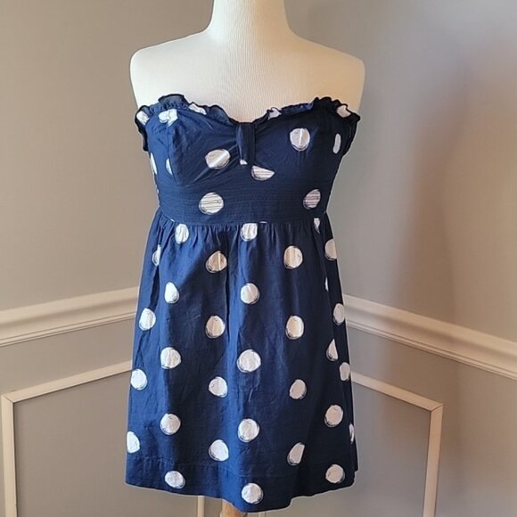 HOLLISTER Blue White Polka-Dot Strapless Ruffle Mini Boho Preppy Summer Dress M - Picture 1 of 8